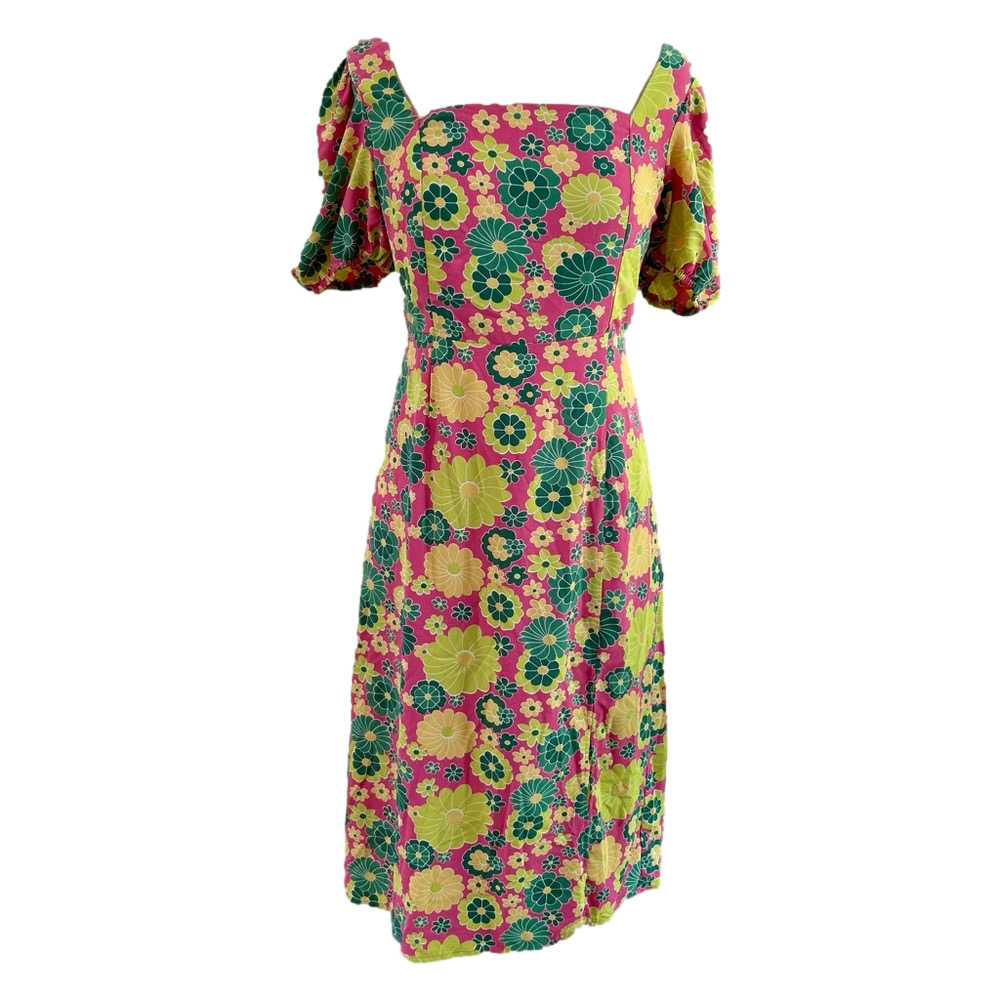 Glamorous Pink Green Yellow Size 8 Dress Floral Tie Back Square Neck Side Split